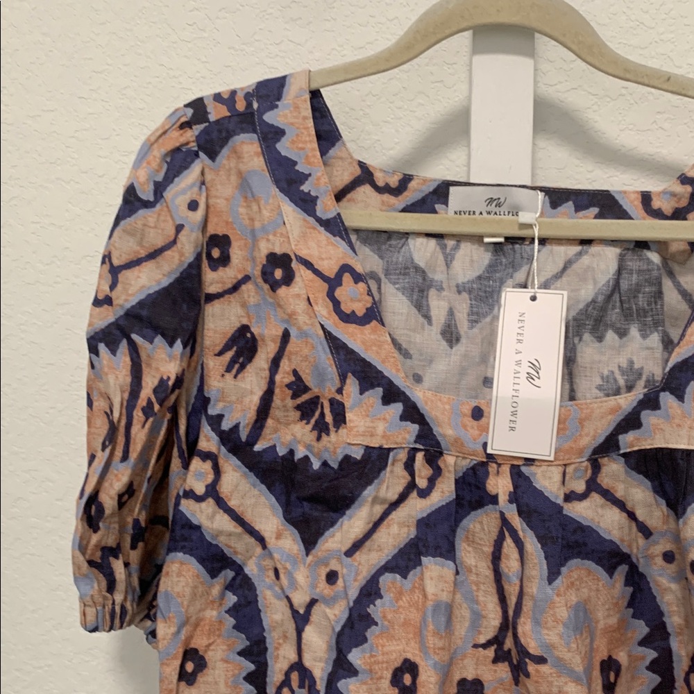 Never a Wallflower Blue Boho Print Short Sleeve Linen Blouse - Picture 2 of 9
